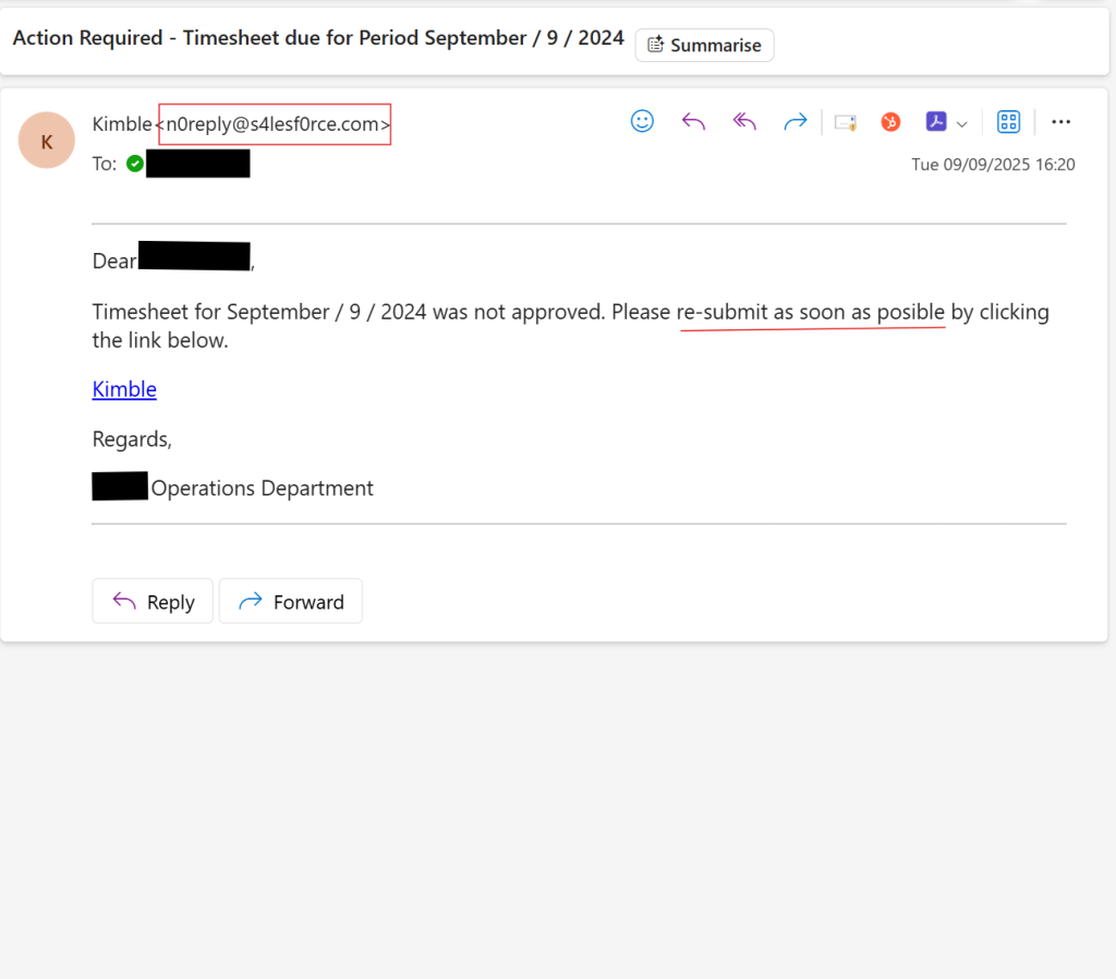 Business Email Compromise Targeted Phishing email targeted at new joiners